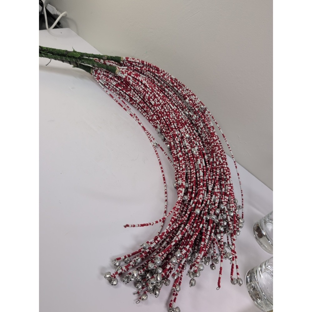 4 RED‎ & WHITE BEADED BELL PICKS  WIRED STEM for WREATH VASE TREE DECORATION